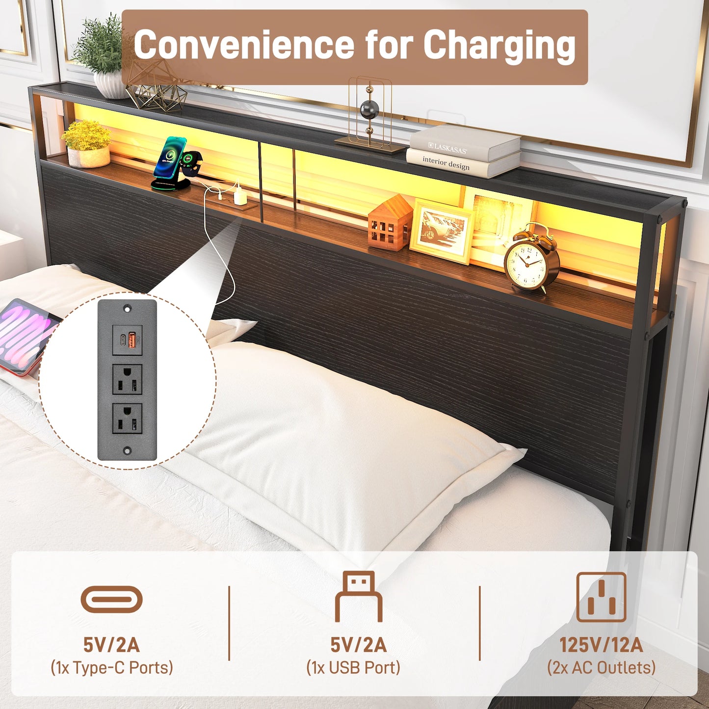 LED Bed Frame Full/QueenKing Size with 2 USB Ports and Outlets, Platform Metal Bed Frame with 4 Storage Drawers and Headboard
