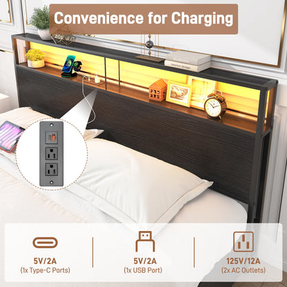 LED Bed Frame Full/QueenKing Size with 2 USB Ports and Outlets, Platform Metal Bed Frame with 4 Storage Drawers and Headboard