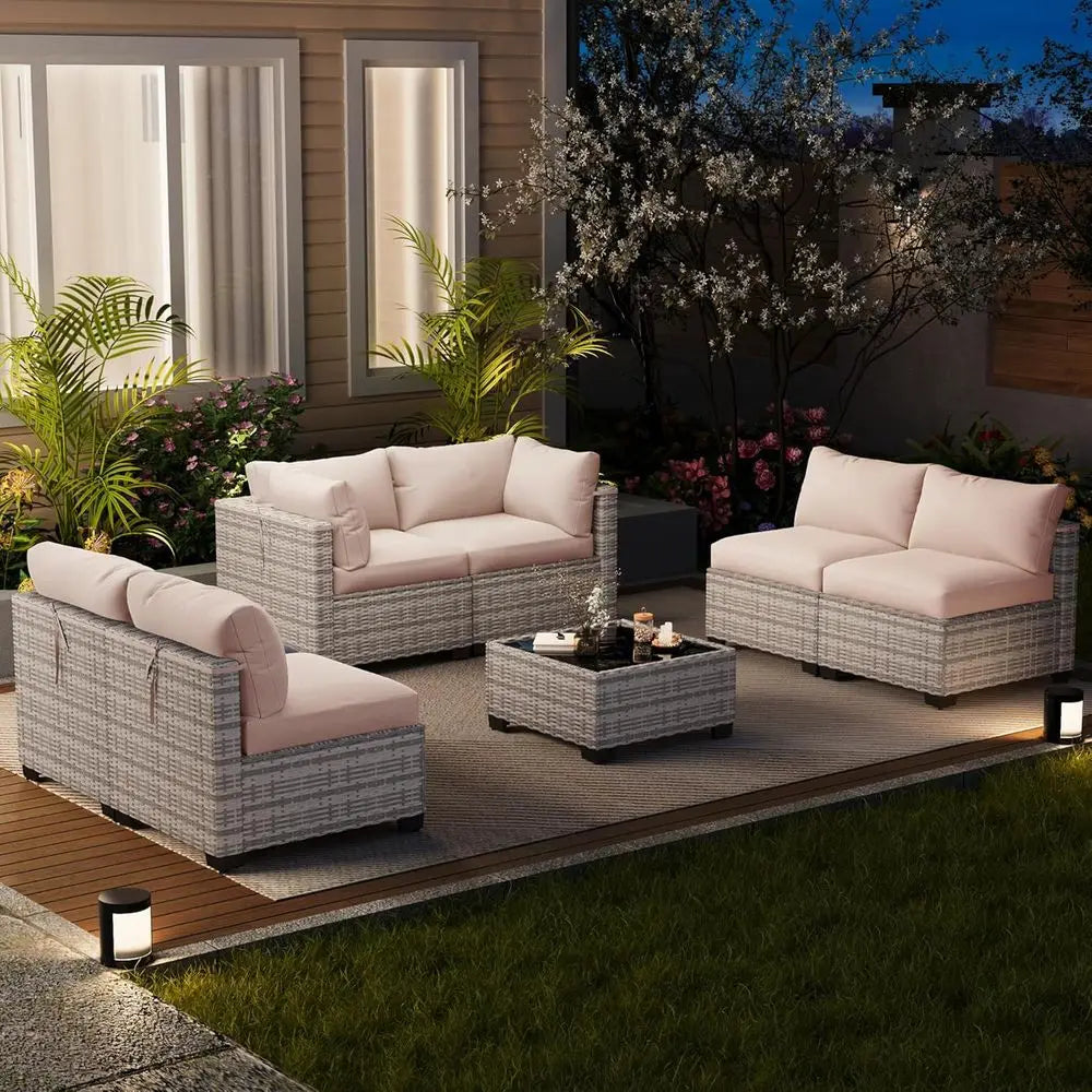 7-Piece Outdoor Patio Furniture Set, Sectional Sofa, Wicker Rattan, with Coffee Table and Cushions