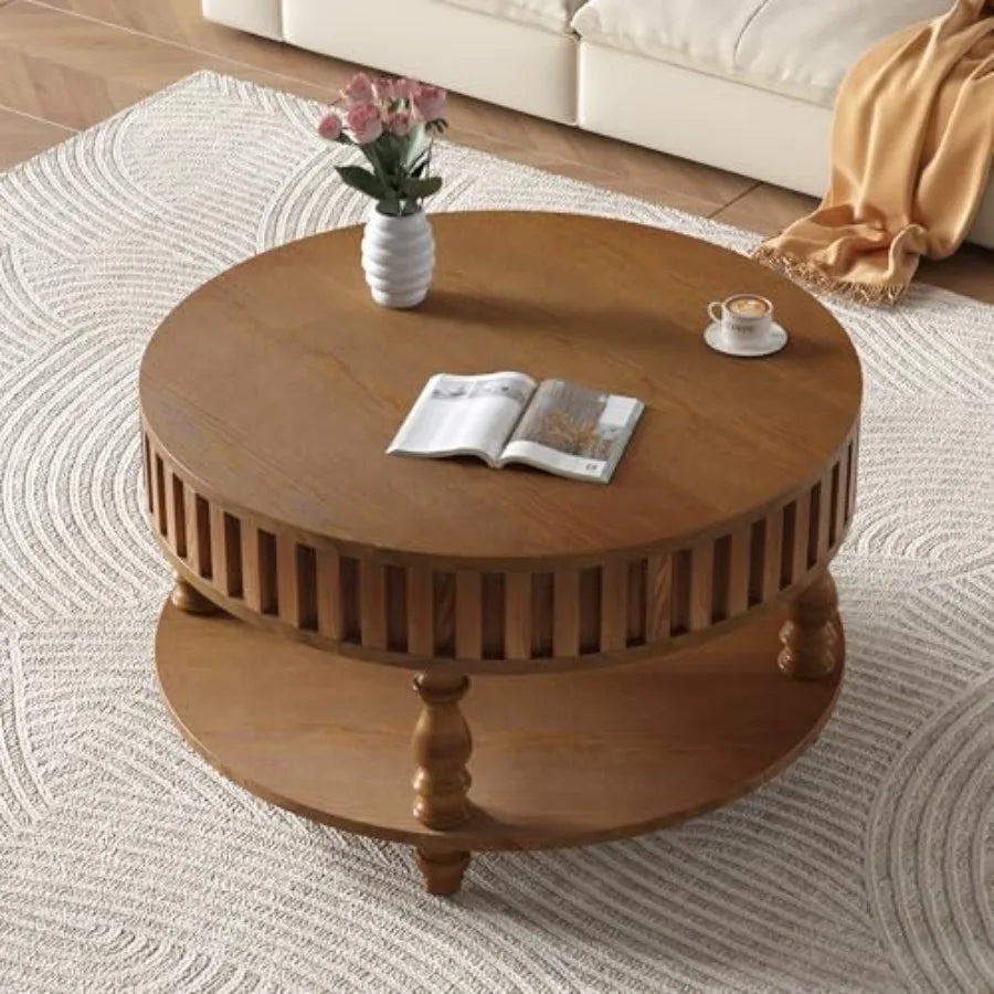 31.49'' Round Wood Coffee Table with Storage 2-Tier Circle Fluted Coffee Table in Walnut for Living Room Apartment Office with