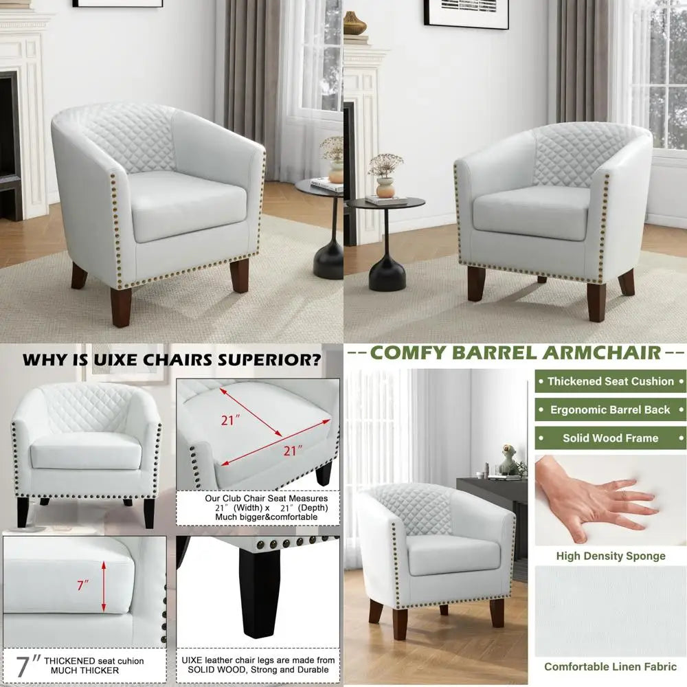 Modern Faux Leather Barrel Chair - Comfortable Club Armchair with Upholstered Seat, Nailhead Trim for Living Room, Single Sofa,