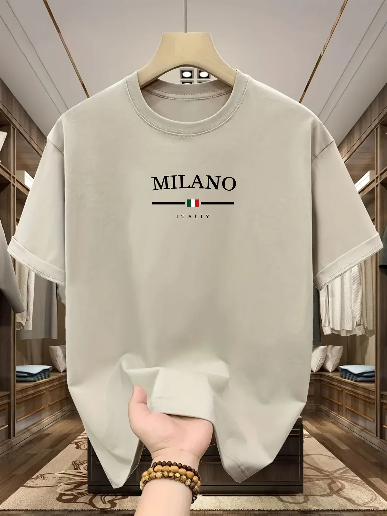 Men's 100% Pure Cotton Fashionable Casual Loose Italian Style Milan Letter Printed Round Neck Short Sleeved T-shirt Tops Tees