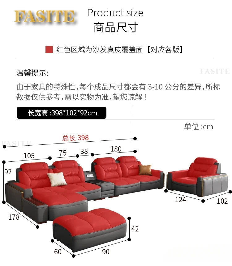 Premium  Italian Genuine Leather Sectional Sofa Sets Couch Sofas with USB and Bluetooth Speaker
