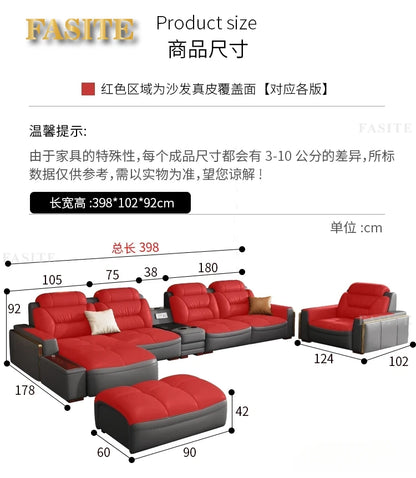 Premium  Italian Genuine Leather Sectional Sofa Sets Couch Sofas with USB and Bluetooth Speaker