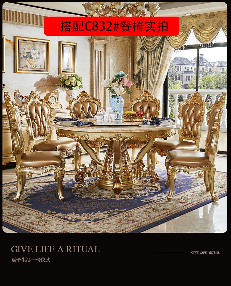 European dining table marble surface full solid wood carving flower home table and chair combination
