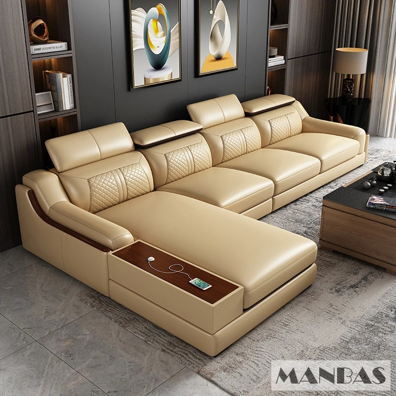 Stylish Italian Genuine Leather Sofa for Living Room with Cup Holder, USB, Adjustable Headrests & Bluetooth Speaker - Linlamlim