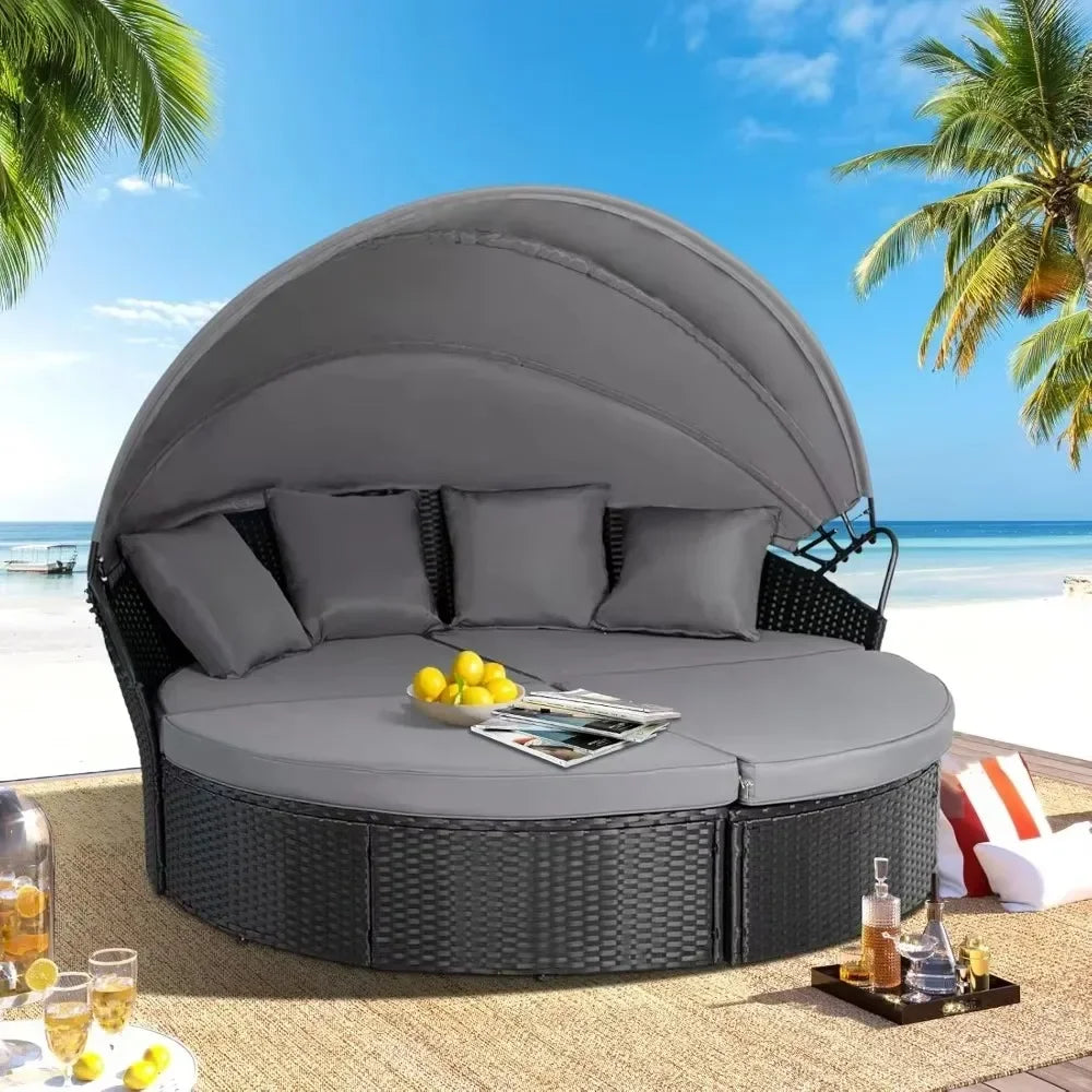 Nordic luxury Leisure Round Daybed with Retractable Canopy,Outdoor Furniture with Washable Cushions, Clamshell Sectional Seating