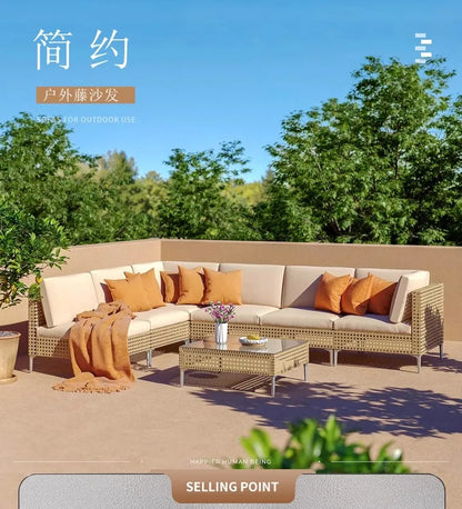 XJC Outdoor Rattan Sofa Combination Bed And Breakfast Balcony Courtyard Outdoor Open-air Garden Sun Room Leisure Small