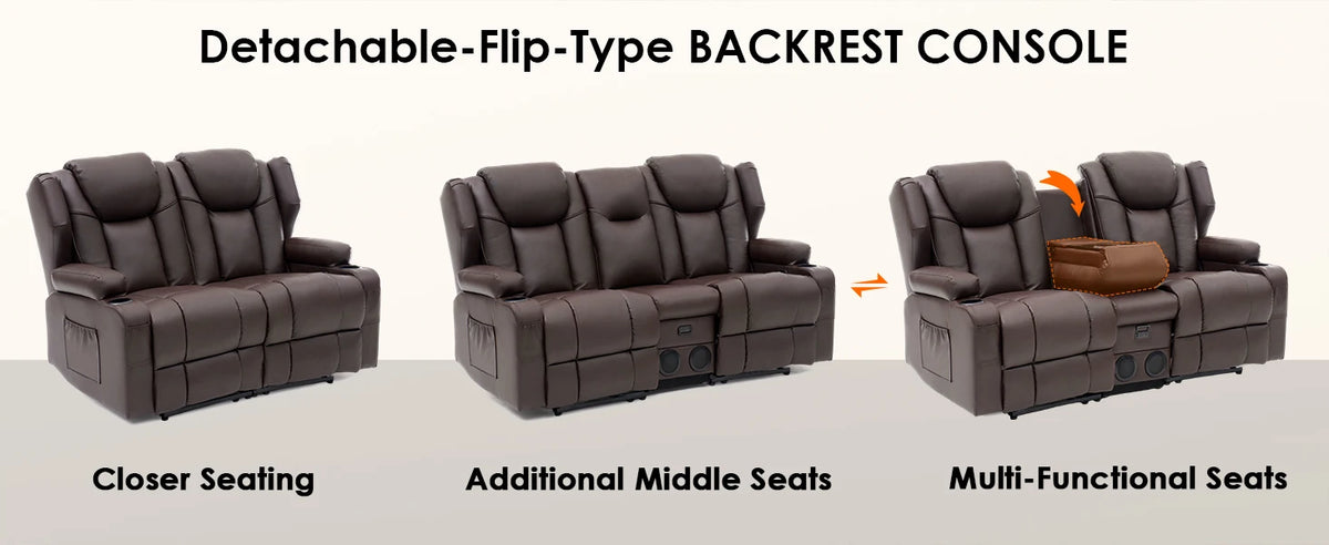 Redlife Loveseat Recliner Sofa with Console,Manual Pull Reclining Couch,Heating & Massage,USB & Power Outlet,Home Theater&RV