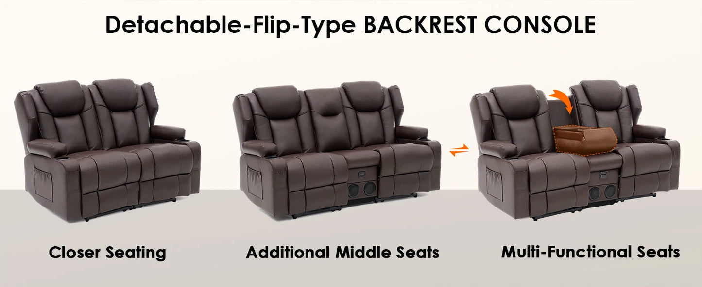 Redlife Loveseat Recliner Sofa with Console,Manual Pull Reclining Couch,Heating & Massage,USB & Power Outlet,Home Theater&RV