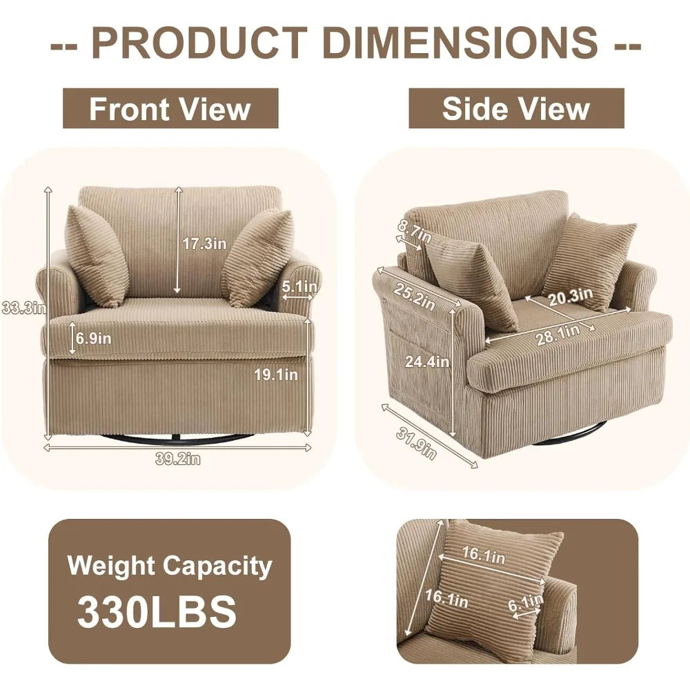 39 Swivel Accent Chair,Oversized Seat Armchair W/2 Pillows and 4 Pockets,Modern Upholstered Corduroy Barrel Chairs,Com