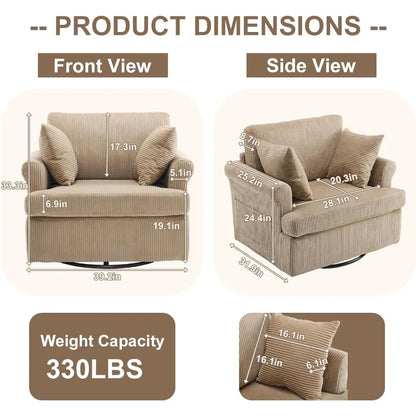 39 Swivel Accent Chair,Oversized Seat Armchair W/2 Pillows and 4 Pockets,Modern Upholstered Corduroy Barrel Chairs,Com