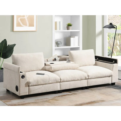 9635''Chenille Sectional Sofa with Bluetooth Speaker Comfy Cloud Couch Set with Drop Down Table Cup Holders USB Charger Storage