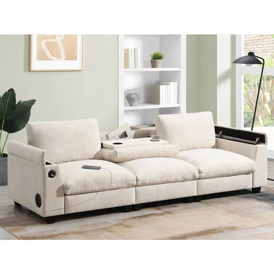 9635''Chenille Sectional Sofa with Bluetooth Speaker Comfy Cloud Couch Set with Drop Down Table Cup Holders USB Charger Storage