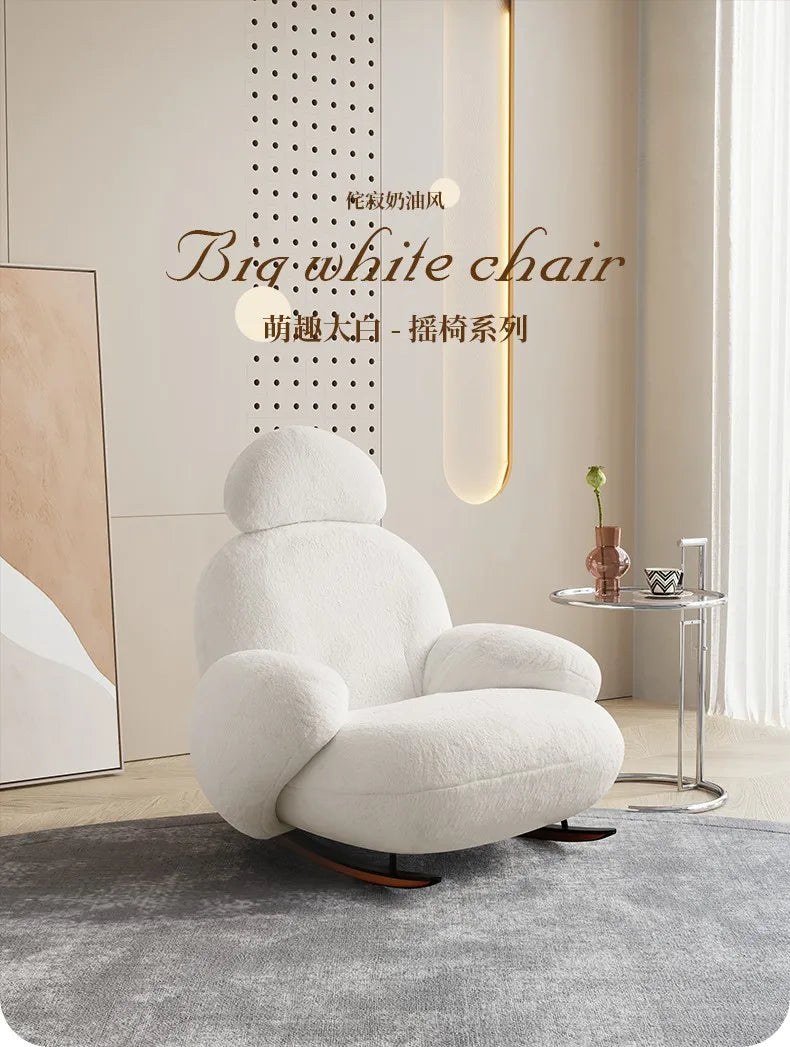 S White Rocking Chair Reclining and Sleeping Cream Single Plush Rocking Chair Lazy Sofa Balcony Leisure Chair  furniture
