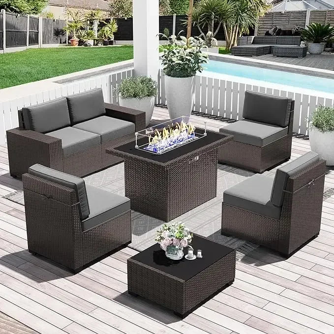 7-Piece Outdoor Patio Furniture with 44-inch Fire Pit Table Rattan Sectional Sofa Conversation Set