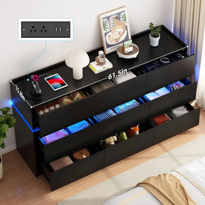 Black Dresser 9 Drawers - 61.4 Wide Chest of Drawer Organizer with Charging Station and LED Lights, Modern TV Stand Drawer Cabin
