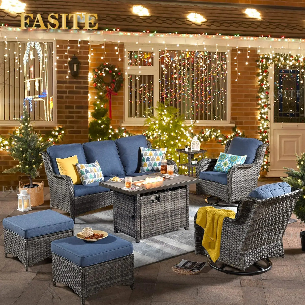 50,000 BTU Rectangular Propane Fire Pit Table 7-Piece High-Back Conversation Sofa and Matching Side Table,Grey Rattan Denim Blue