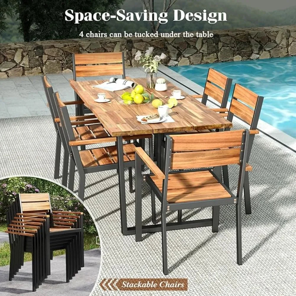 6 Pieces Outdoor Acacia Wood Dining Set, Patio Table and Chairs Set with Bench for 6-7 People, Outdoor Dining Furniture