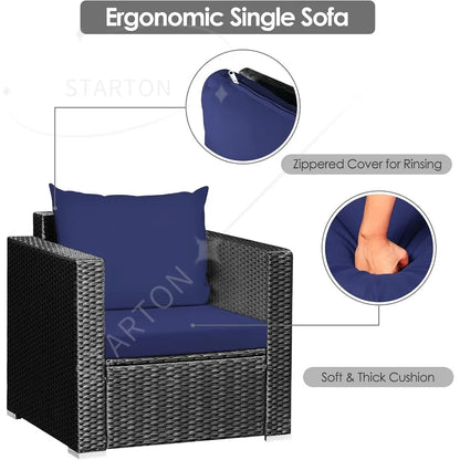 Three Piece Patio Set, Outdoor Rattan Sofa With Cushions, Tempered Glass Tabletop, Wicker Conversation Furniture