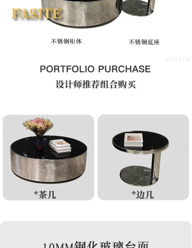 Italian mirror coffee table stainless steel small apartment tempered glass round combination design sense living room home
