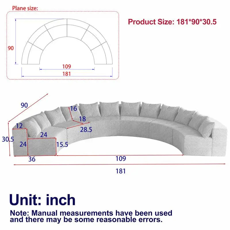 Curved Modular Sectional Foam Sofa with 12 Pillows, Semi-Circular Design for Living Room, Bedroom, Office, Leisure, Nap,