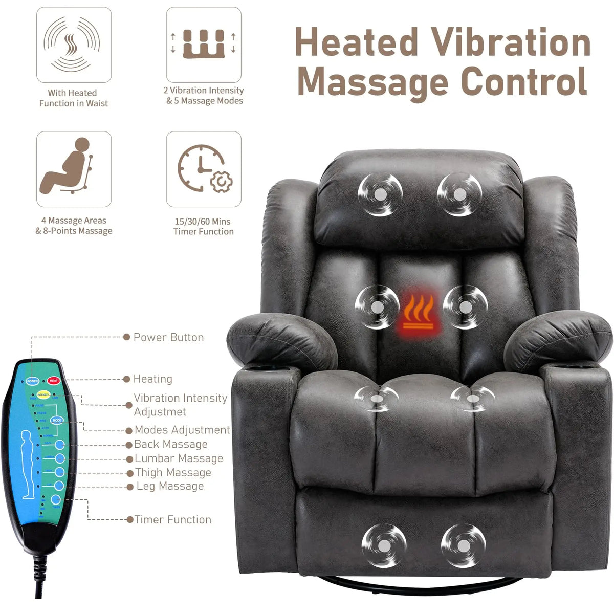 360° Swivel Rocker Recliner Chair with Heat and Massage, Manual Glider Rocking Reclining Chair, Swivel Overstuffed