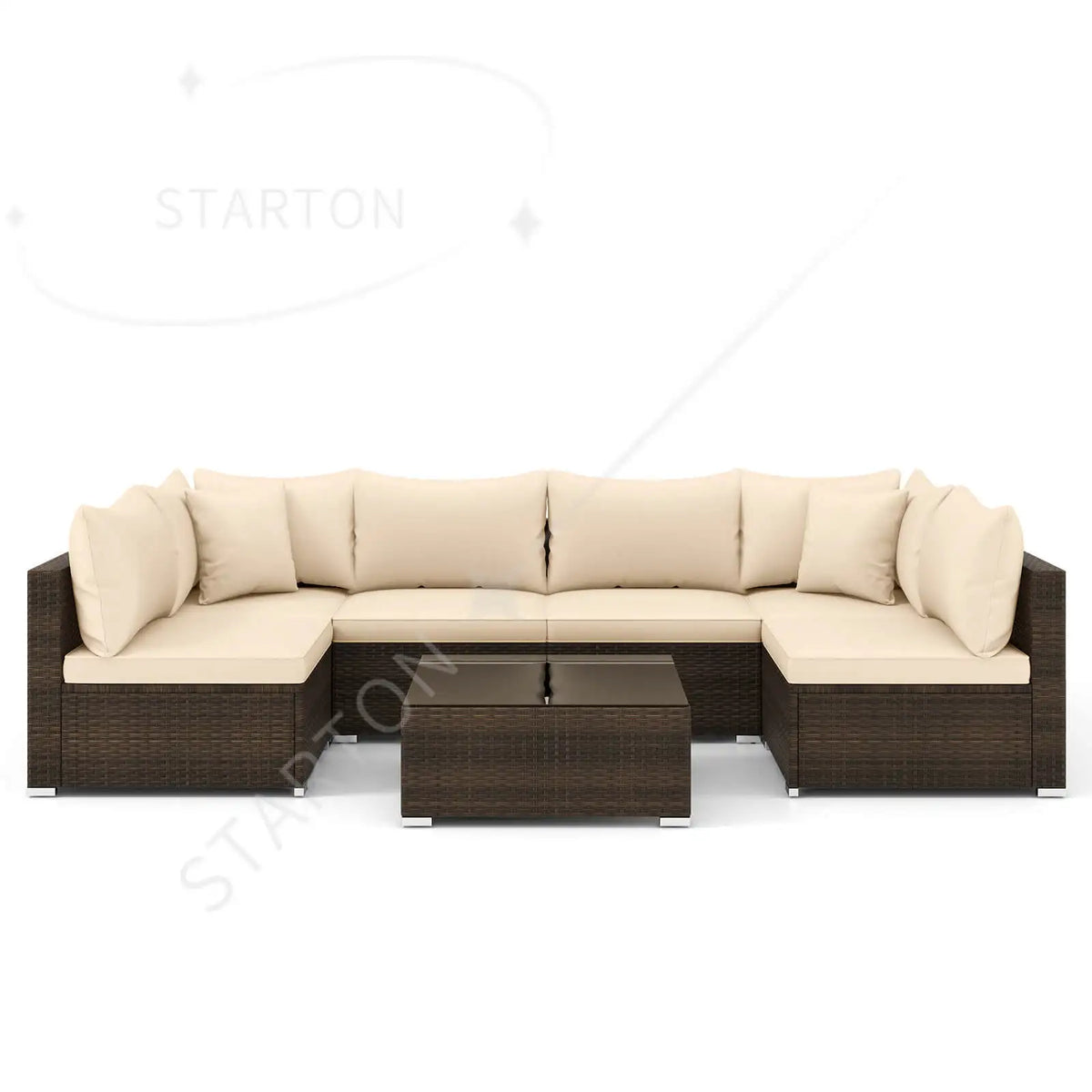 Hot Sale Item 7 PCS Patio Rattan Furniture Set Sectional Sofa Cushioned Garden Brown