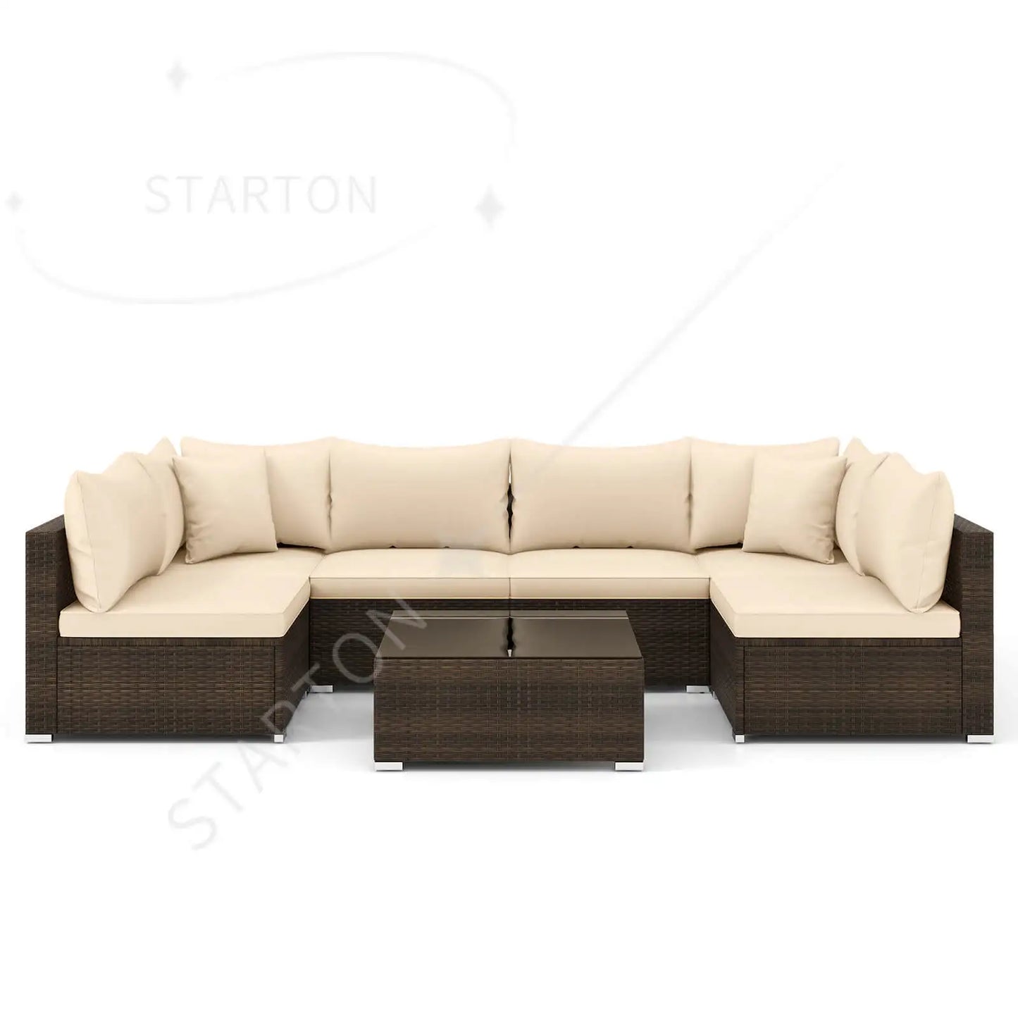 Hot Sale Item 7 PCS Patio Rattan Furniture Set Sectional Sofa Cushioned Garden Brown