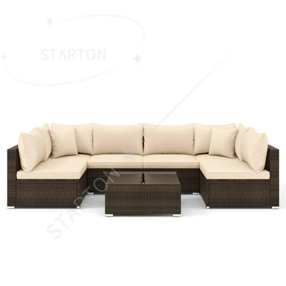 Hot Sale Item 7 PCS Patio Rattan Furniture Set Sectional Sofa Cushioned Garden Brown
