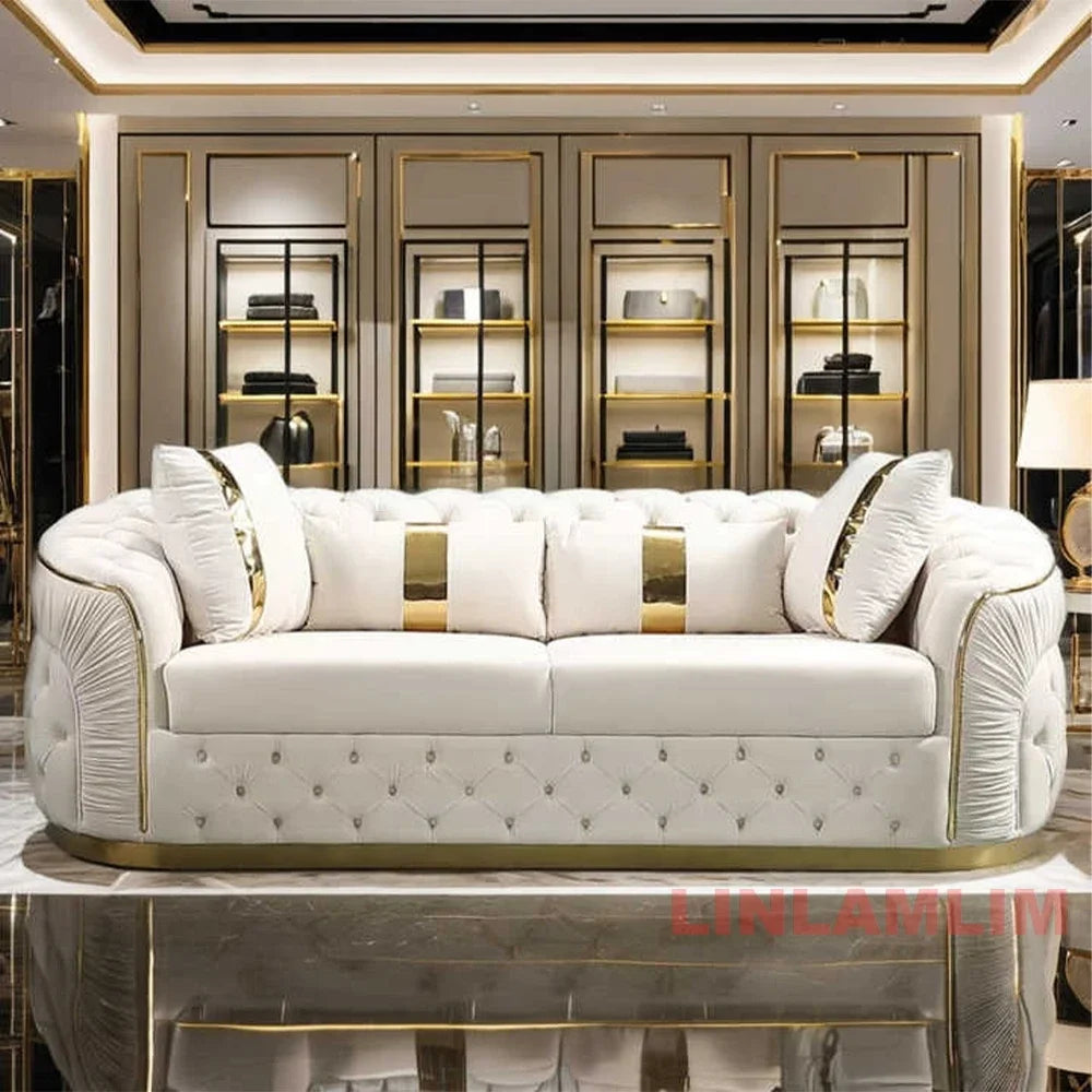 A Luxury Chesterfield Sectional Sofa Set With Cloth Buttons And Fabric Modular Couch With Gold Stainless Steel Base, 3-seater So