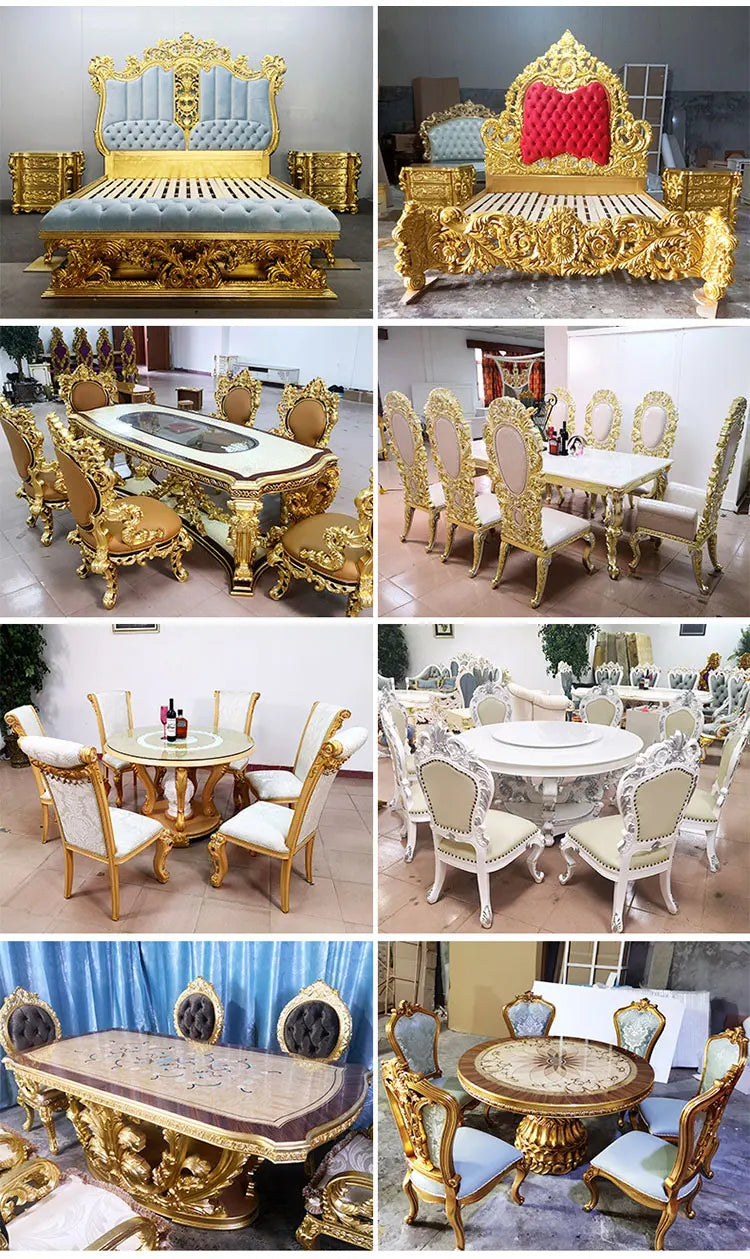 French Royal Baroque Dining Set — Hand-Carved Solid Wood Table with Upholstered Chairs, Luxury Gold for Villa/Hotel