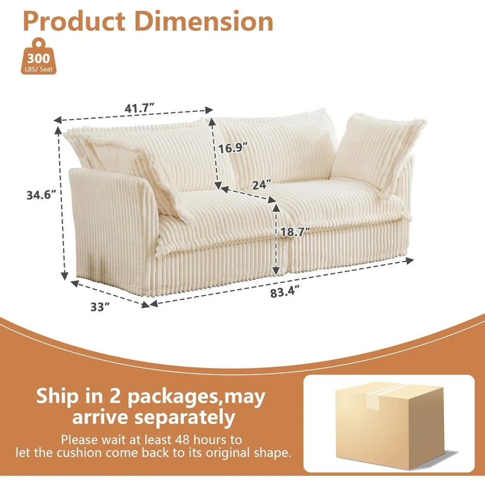 Oversized Modular Sectional Sofa, 83.4” Corduroy Loveseat Sofa Comfy 2-Seat Sofa Couch Upholstered Deep Seat Couches with