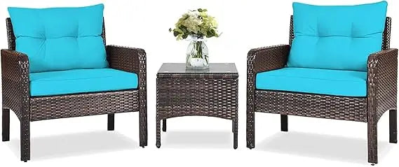 3-Piece Patio Furniture Set, PE Rattan Wicker Outdoor Conversation Set w/Glass Top Coffee Table & Thick Cushions.