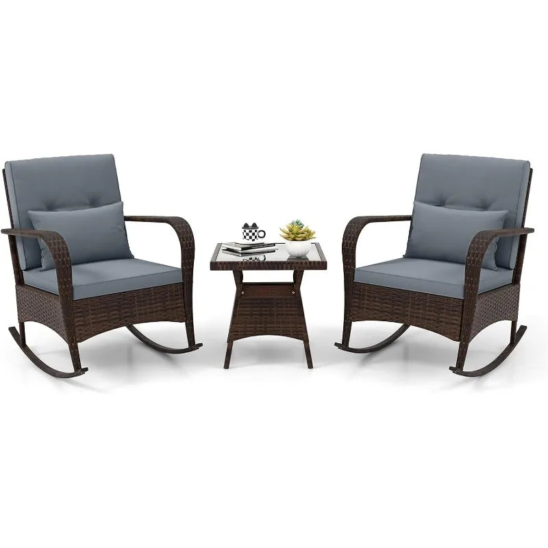 3 Pieces Patio Furniture Set, Outdoor Wicker Rocking Chairs with Cushions, Pillows, Glass Coffee Table, Rattan Bistro Ro