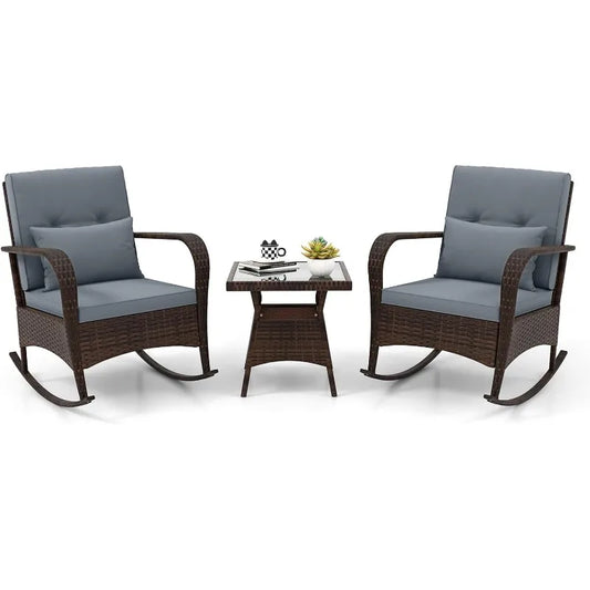 3 Pieces Patio Furniture Set, Outdoor Wicker Rocking Chairs with Cushions, Pillows, Glass Coffee Table, Rattan Bistro Ro