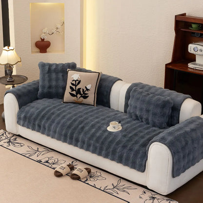 1pc Imitation Rabbit Plush Sofa Cover Winter Warm Thick Plush Soft Sofa Slipcover Pet Favorite Non-slip Protective Couch Cover