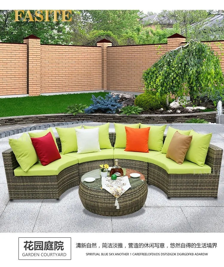 Outdoor round rattan sofa combination garden courtyard semi-circular rattan chair outdoor hotel curved living room