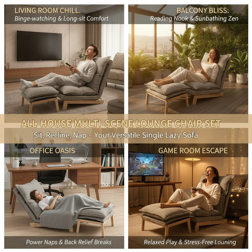 Lounge Chair, Single Lazy Sofa with Ottoman, Leisure Balcony Adjustable Recliner, 5-Position Adjustable Backrest, 330 lbs Capacity, Grey Cotton Linen + Sponge + Solid Wood + Steel