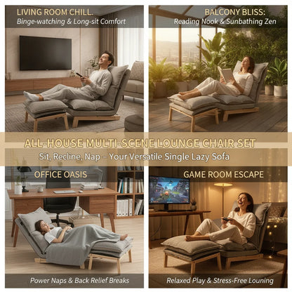 Lounge Chair, Single Lazy Sofa with Ottoman, Leisure Balcony Adjustable Recliner, 5-Position Adjustable Backrest, 330 lbs Capacity, Grey Cotton Linen + Sponge + Solid Wood + Steel