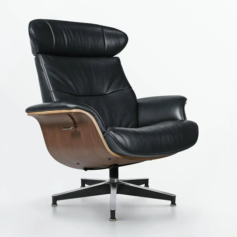 Modern Reclining Swivel Lounge Chair, With Walnut Black Genuine Leather, Ottoman Included