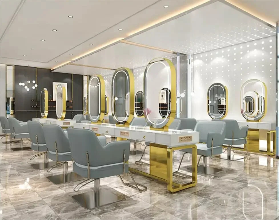 Hairdresser's mirror stand hair salon special solid wood haircut mirror simple barber's table with light