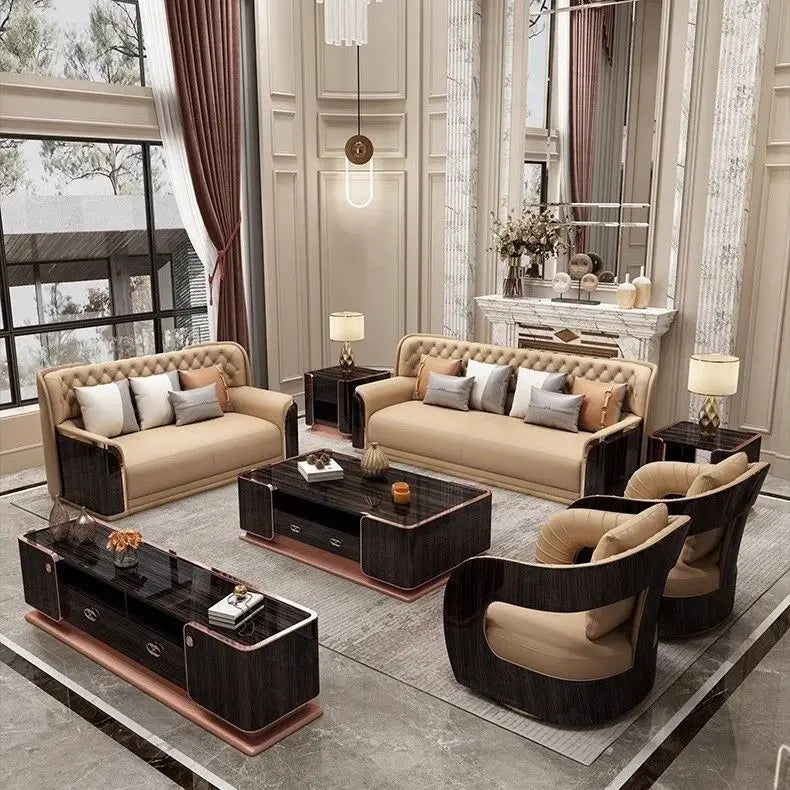 Italian light luxury leather sofa modern high-end straight row villa large flat floor