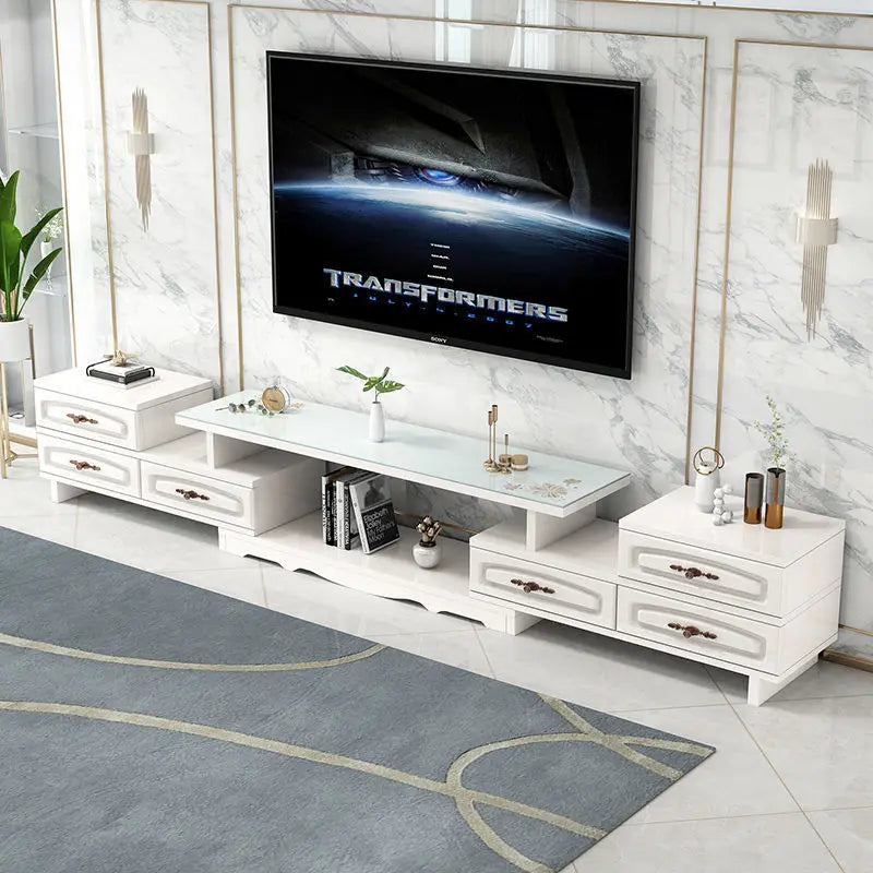 Modern & Minimalist Tempered Glass Expandable TV Stand & Coffee Table Set - European Style, Ideal for Small - Space Living Rooms