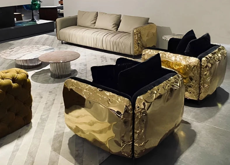 mz-Luxury Furniture Italian High-end Luxury Gold Stainless Steel Pattern Sofa Couch Living Room Sofa for Villa~