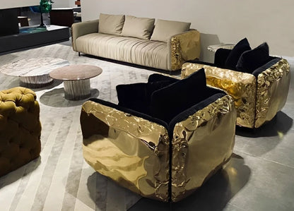 mz-Luxury Furniture Italian High-end Luxury Gold Stainless Steel Pattern Sofa Couch Living Room Sofa for Villa~