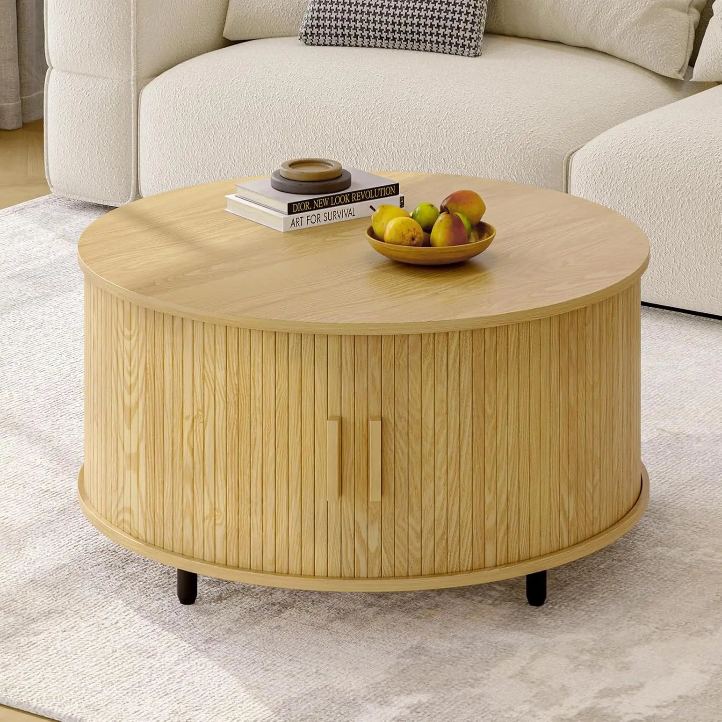 Round Coffee Table with Storage, 31.5" Modern Coffee Table with 360° Curved Sliding Door, Fluted Wood Accent Coffee Table with