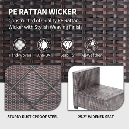 7 Piece Outdoor Patio Furniture Set with PE Rattan Conversation Sofa Thick Cushioned Wicker Patio Set Featuring Glass Top Coffe