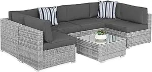 Seven Piece Modular Set, Outdoor Sectional Wicker Patio, Conversation With Two Pillows, Coffee Table Cover Included