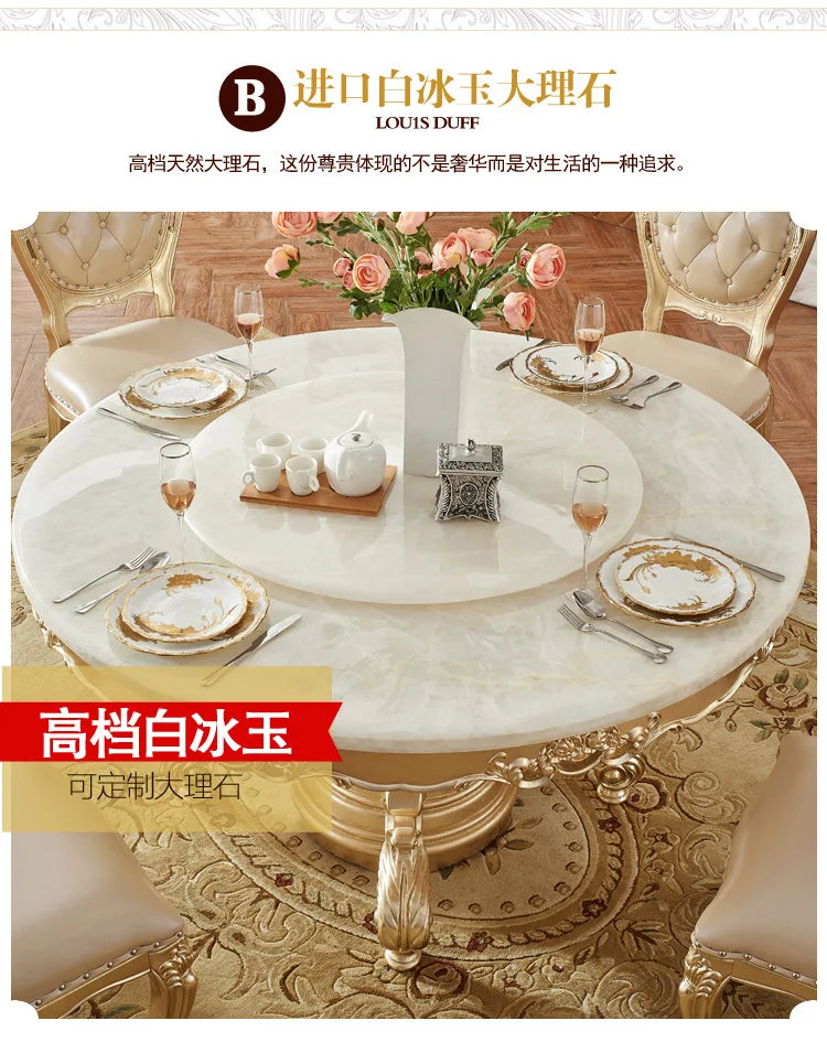 European white ice jade marble gold round dining table and chair combination European luxury solid wood dining table